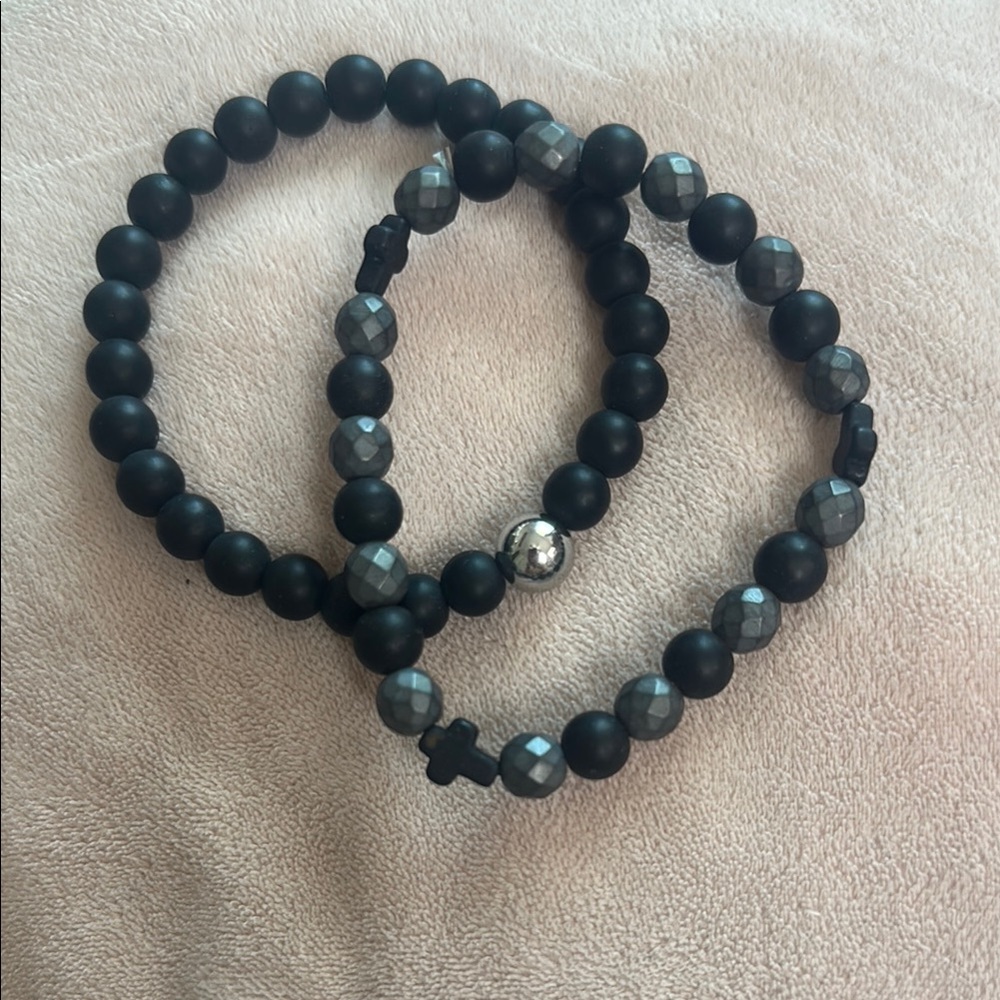 Black and Silver Beaded Bracelet Set (unisex)